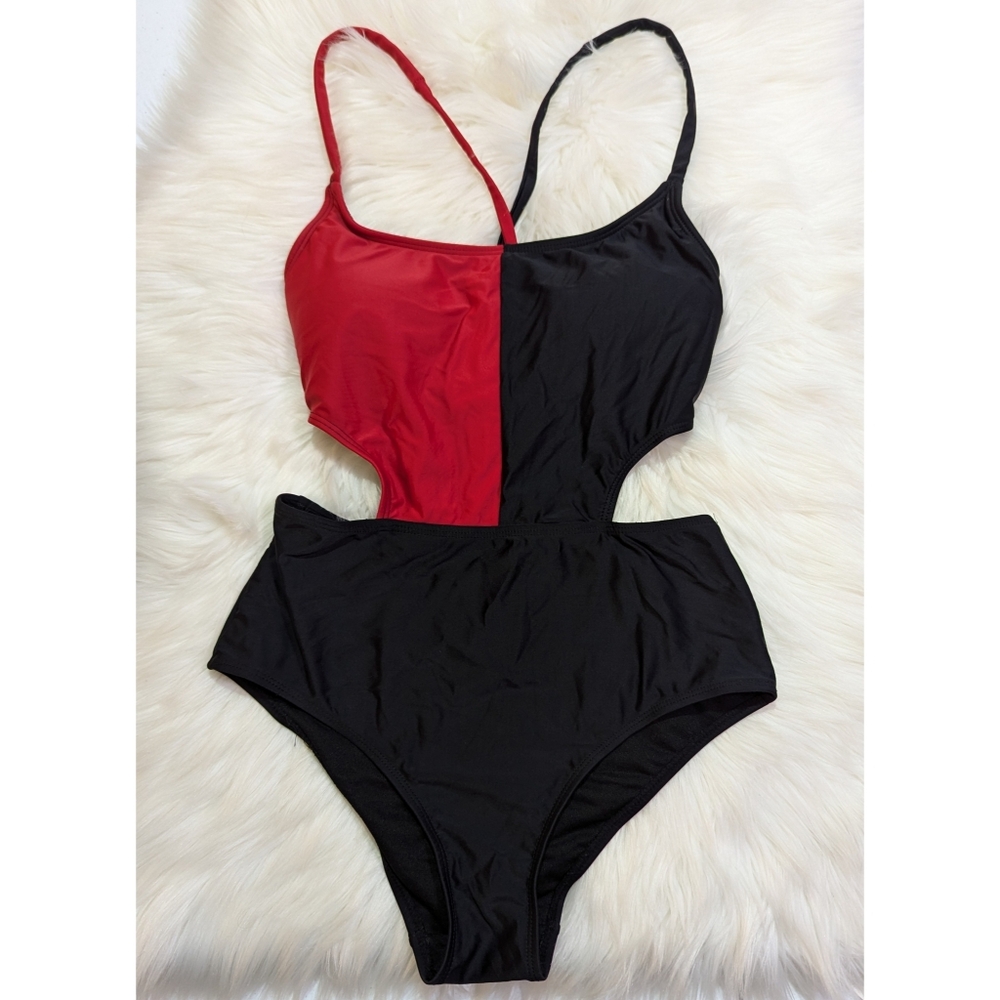Batman Harley Quinn Red & Black Cutout Bathing Suit in Size Small